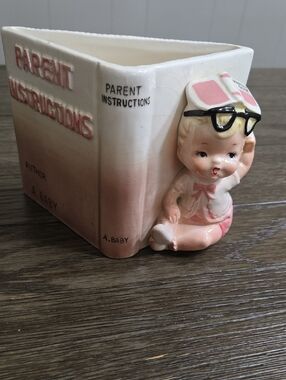 Vintage-Inspired Pink & Cream Ceramic Book Planter with Figurine